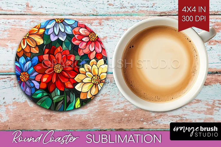 Stained Glass Flowers Round Coaster - Floral Coaster PNG