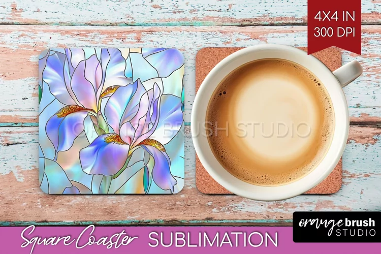 Stained Glass Flowers Square Coaster - Floral Coaster PNG