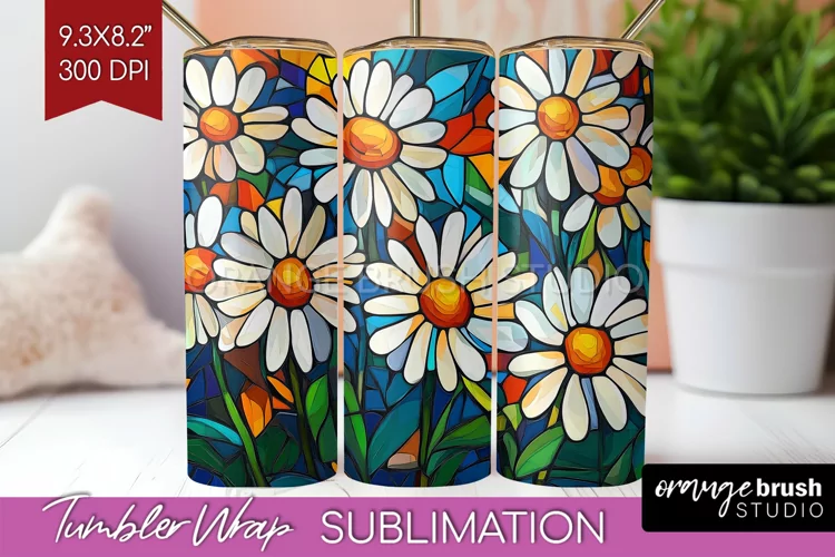 Stained Glass Flowers Tumbler Wrap - Floral Tumbler PNG