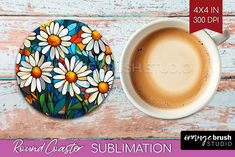 Stained Glass Flowers Round Coaster - Floral Coaster PNG