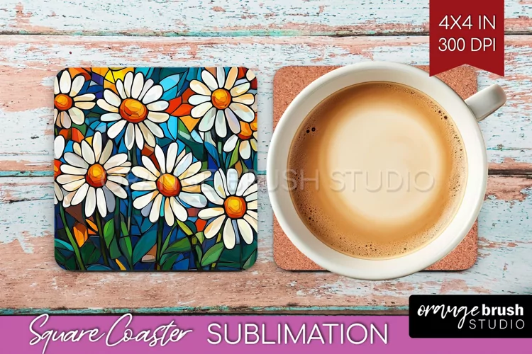 Stained Glass Flowers Square Coaster - Floral Coaster PNG