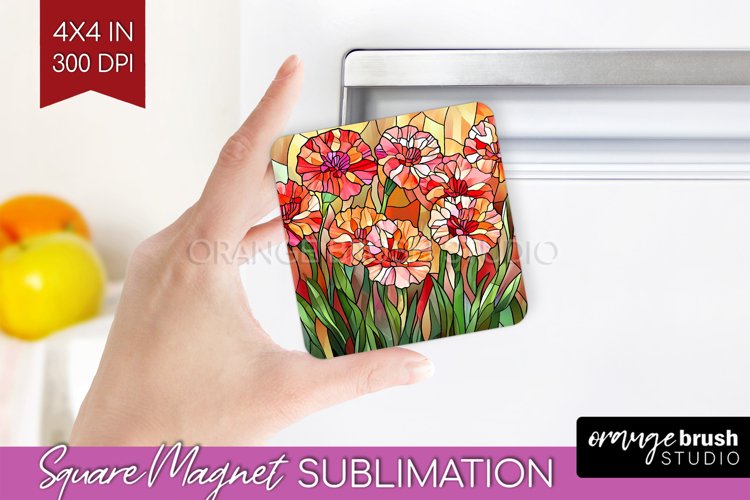 Stained Glass Flowers Magnet Sublimation - Floral Square PNG