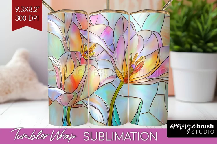 Stained Glass Flowers Tumbler Wrap - Floral Tumbler PNG