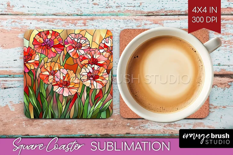 Stained Glass Flowers Square Coaster - Floral Coaster PNG