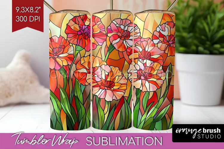 Stained Glass Flowers Tumbler Wrap - Floral Tumbler PNG