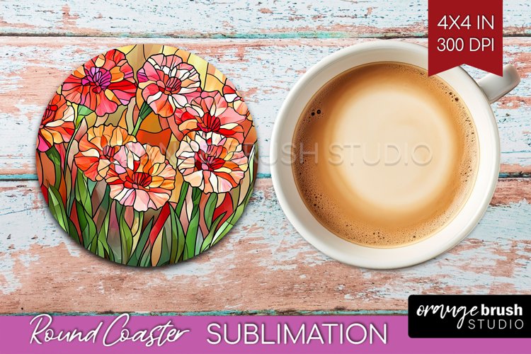 Stained Glass Flowers Round Coaster - Floral Coaster PNG example image 1