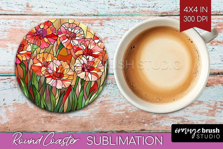 Stained Glass Flowers Round Coaster - Floral Coaster PNG