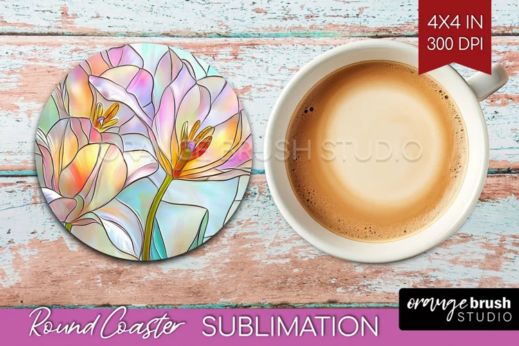 Stained Glass Flowers Round Coaster - Floral Coaster PNG