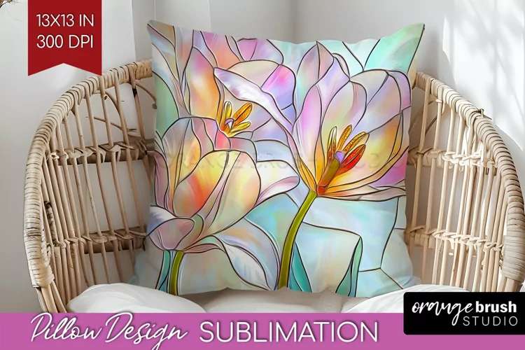 Stained Glass Flowers Pillow Sublimation - Floral Pillow PNG