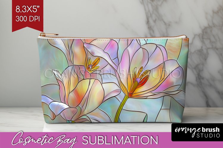 Stained Glass Flowers Cosmetic Bag - Floral Makeup Bag PNG