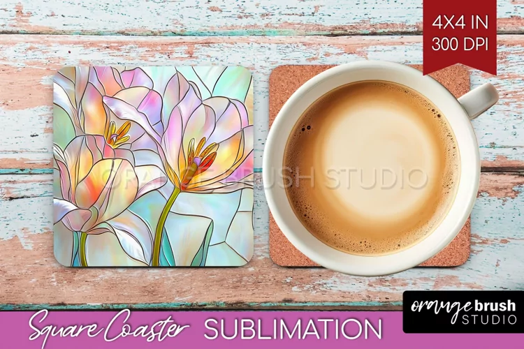Stained Glass Flowers Square Coaster - Floral Coaster PNG
