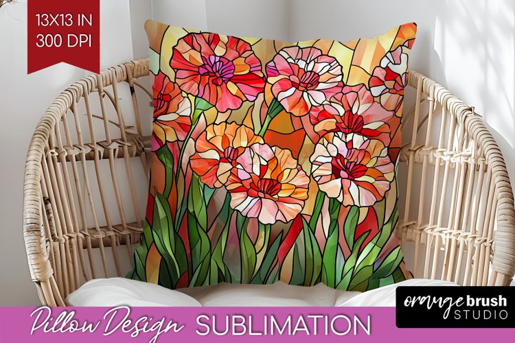 Stained Glass Flowers Pillow Sublimation - Floral Pillow PNG example image 1