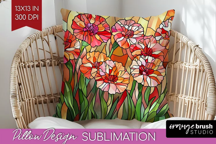 Stained Glass Flowers Pillow Sublimation - Floral Pillow PNG