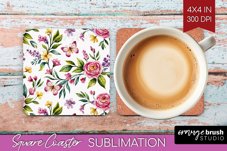 Summer Flowers Square Coaster - Floral Coaster PNG