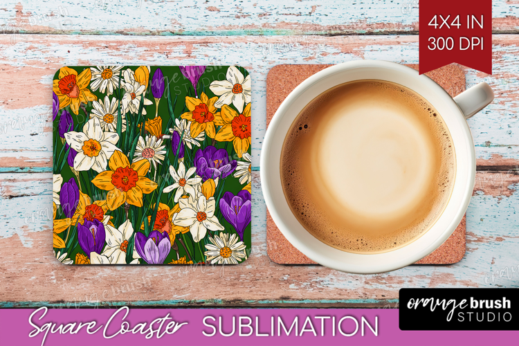 Summer Flowers Square Coaster - Floral Coaster PNG