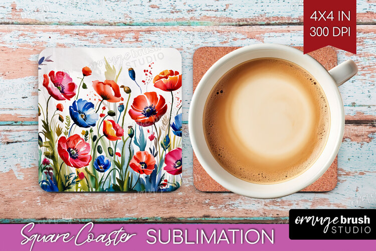 Summer Flowers Square Coaster - Floral Coaster PNG example image 1