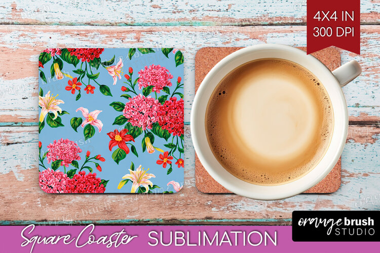 Summer Flowers Square Coaster - Floral Coaster PNG example image 1