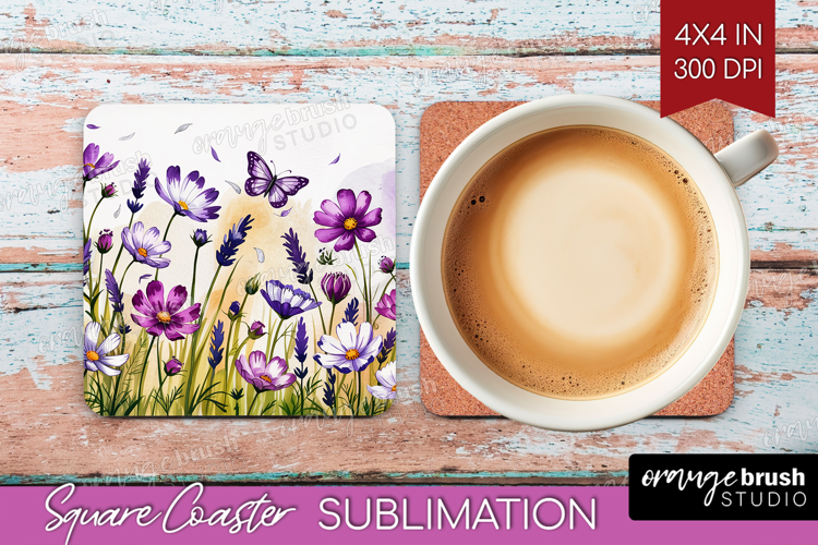 Summer Flowers Square Coaster - Floral Coaster PNG
