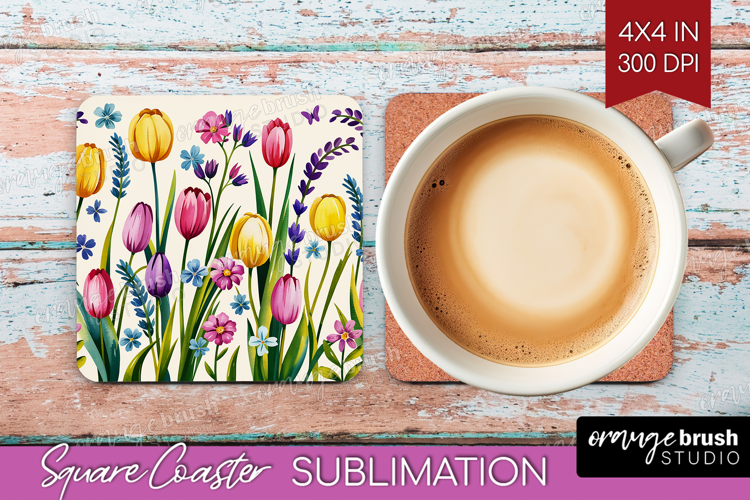 Summer Flowers Square Coaster - Floral Coaster PNG