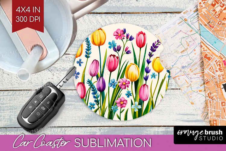 Summer Flowers Car Coaster - Floral Coaster PNG Sublimation