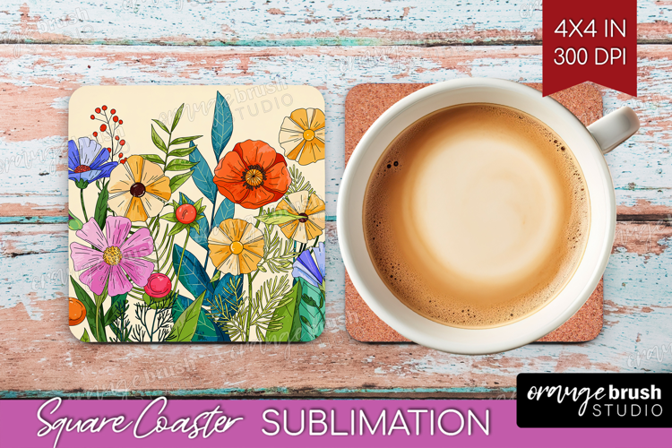 Summer Flowers Square Coaster - Floral Coaster PNG