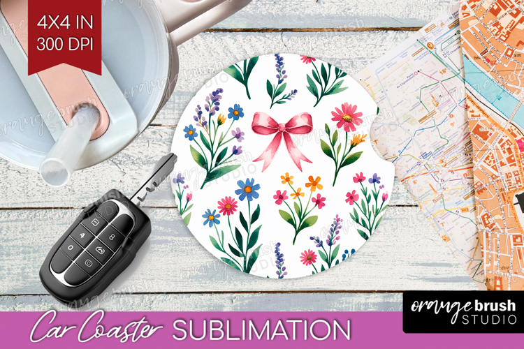 Summer Flowers Car Coaster - Floral Coaster PNG Sublimation
