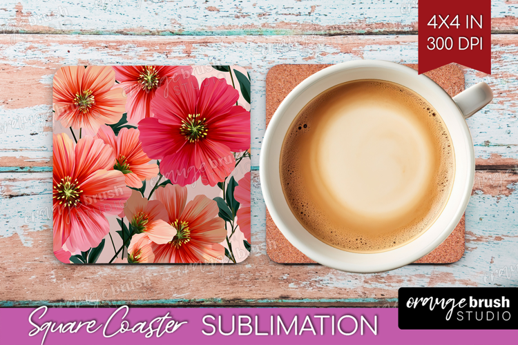 3D Flowers Square Coaster - Summer Coaster PNG Sublimation