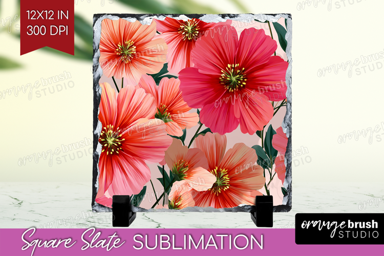 3D Flowers Slate PNG - Summer Square Slate Sublimation