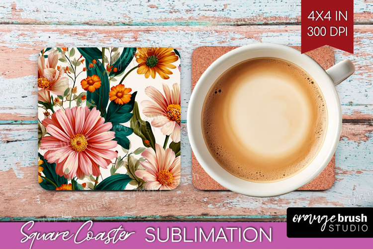 3D Flowers Square Coaster - Summer Coaster PNG Sublimation