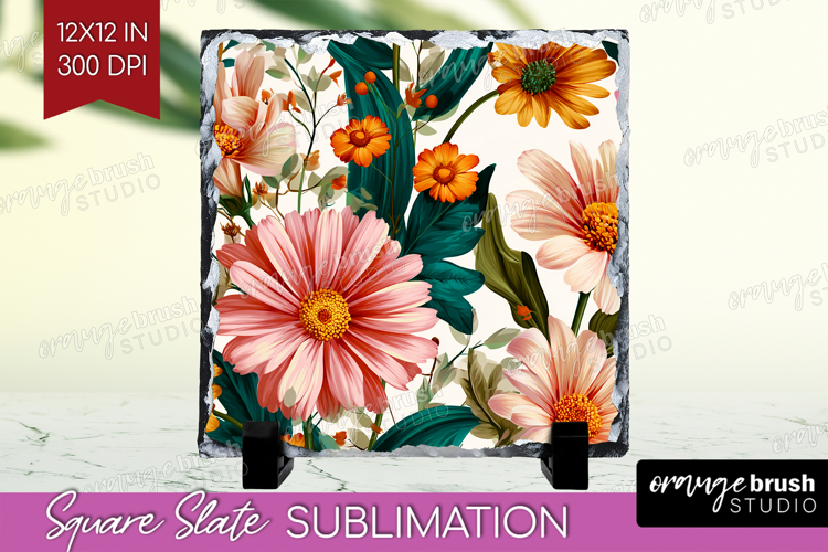 3D Flowers Slate PNG - Summer Square Slate Sublimation