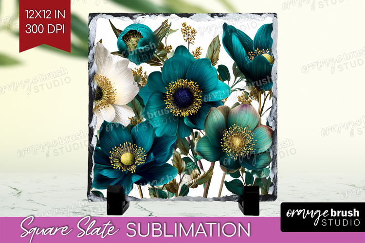 3D Flowers Slate PNG - Summer Square Slate Sublimation