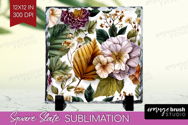 3D Flowers Slate PNG - Summer Square Slate Sublimation