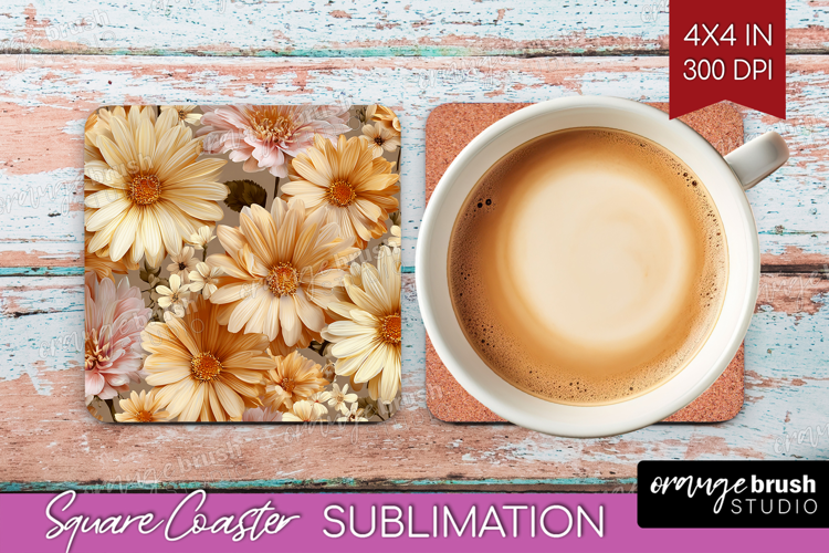 3D Flowers Square Coaster - Summer Coaster PNG Sublimation
