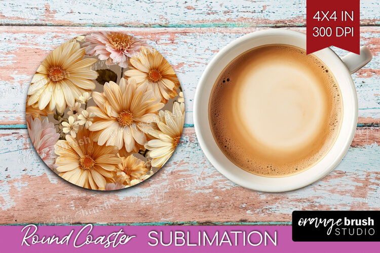 3D Flowers Round Coaster - Summer Coaster PNG Sublimation example image 1