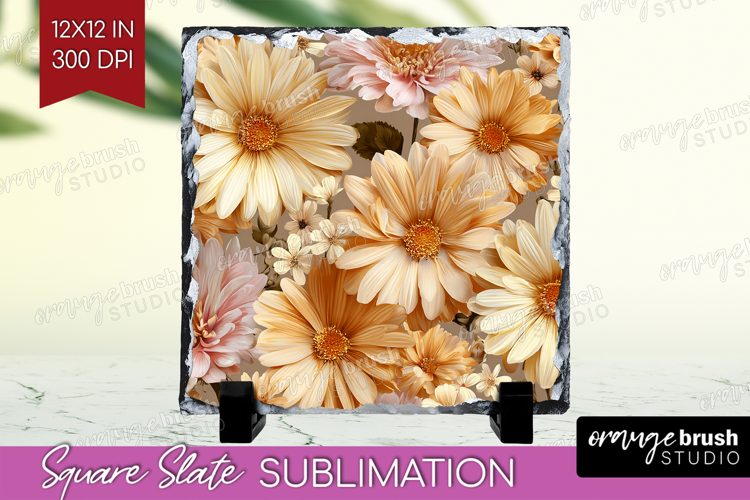 3D Flowers Slate PNG - Summer Square Slate Sublimation