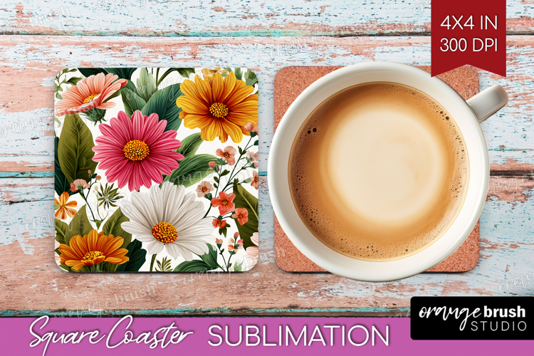 3D Flowers Square Coaster - Summer Coaster PNG Sublimation