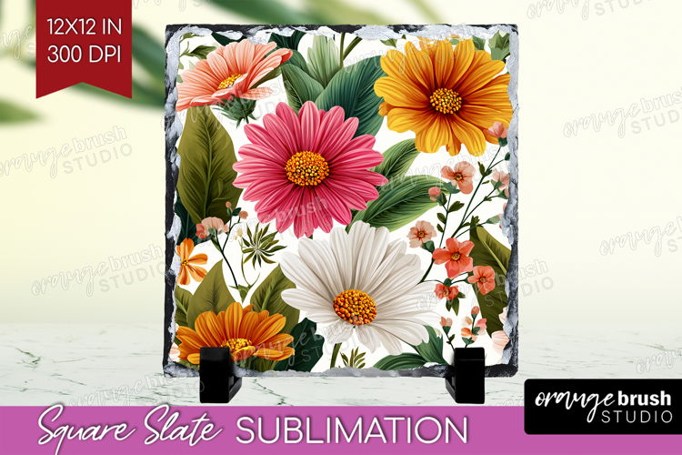 3D Flowers Slate PNG - Summer Square Slate Sublimation