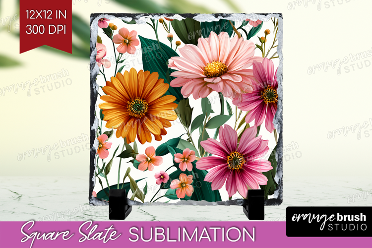 3D Flowers Slate PNG - Summer Square Slate Sublimation