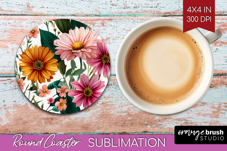 3D Flowers Round Coaster - Summer Coaster PNG Sublimation