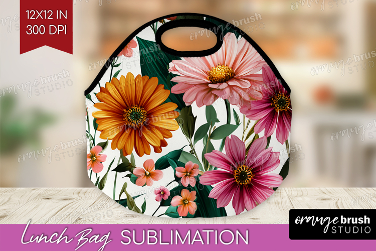 3D Flowers Lunch Bag - Summer Lunch Bug PNG Sublimation