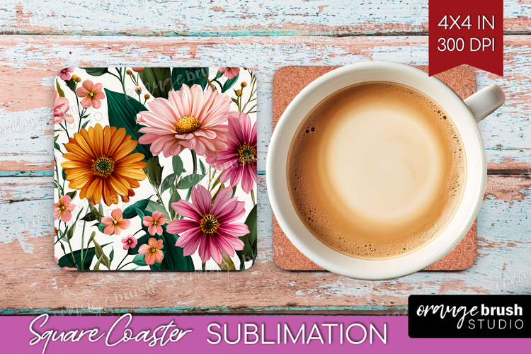 3D Flowers Square Coaster - Summer Coaster PNG Sublimation