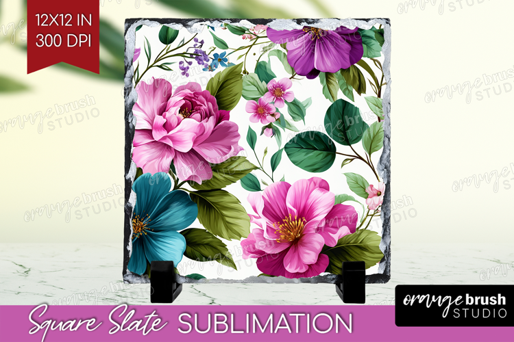 3D Flowers Slate PNG - Summer Square Slate Sublimation