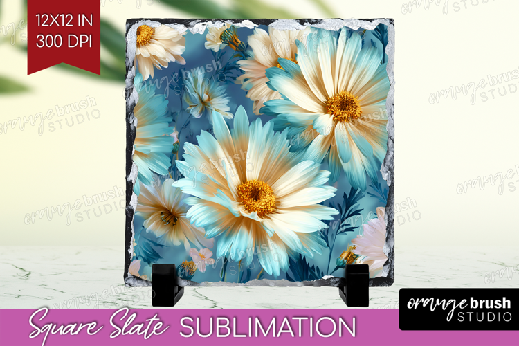 3D Flowers Slate PNG - Summer Square Slate Sublimation