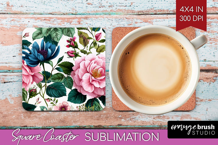 3D Flowers Square Coaster - Summer Coaster PNG Sublimation