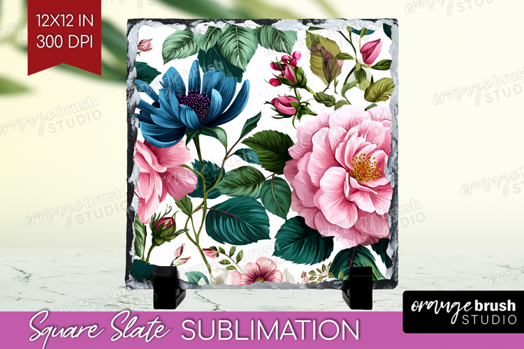 3D Flowers Slate PNG - Summer Square Slate Sublimation