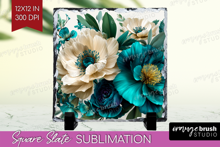 3D Flowers Slate PNG - Summer Square Slate Sublimation
