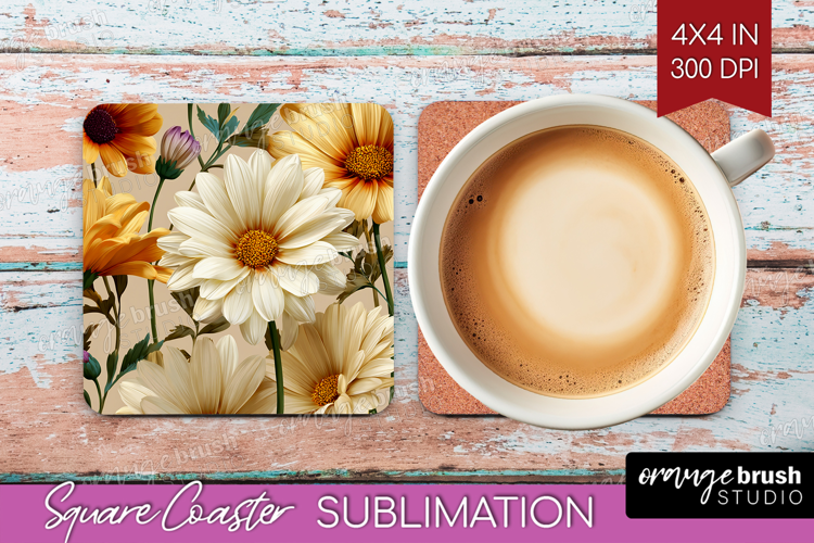 3D Flowers Square Coaster - Summer Coaster PNG Sublimation