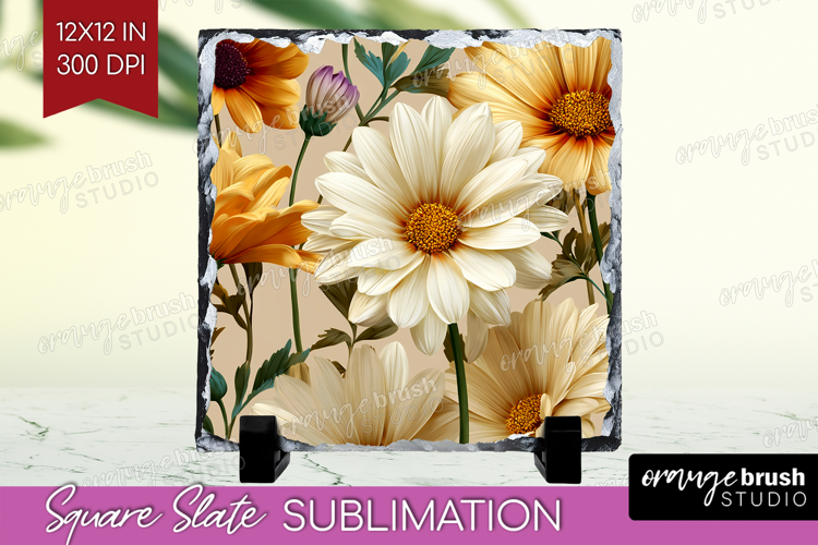 3D Flowers Slate PNG - Summer Square Slate Sublimation