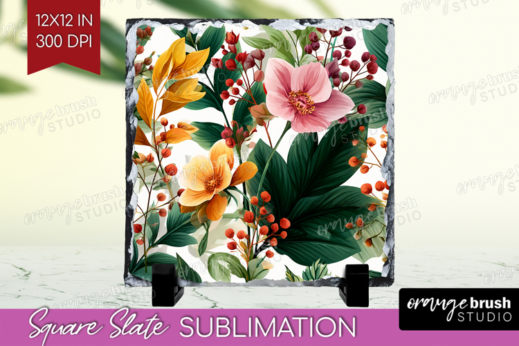 3D Flowers Slate PNG - Summer Square Slate Sublimation