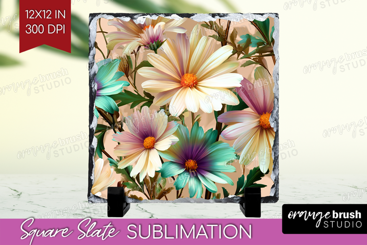 3D Flowers Slate PNG - Summer Square Slate Sublimation